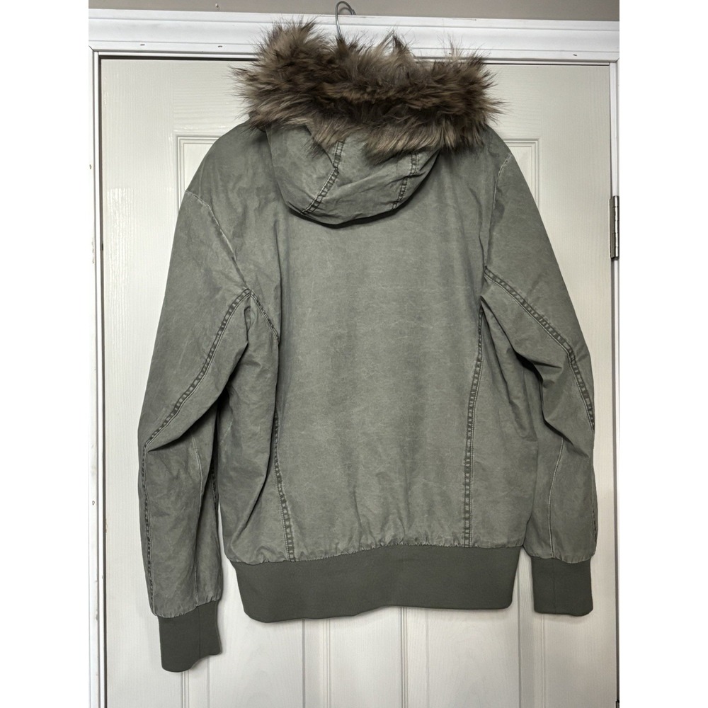 Y2K Hollister Olive Green Sherpa Lined Bomber Jacket Faux Fur Hood Womens Medium